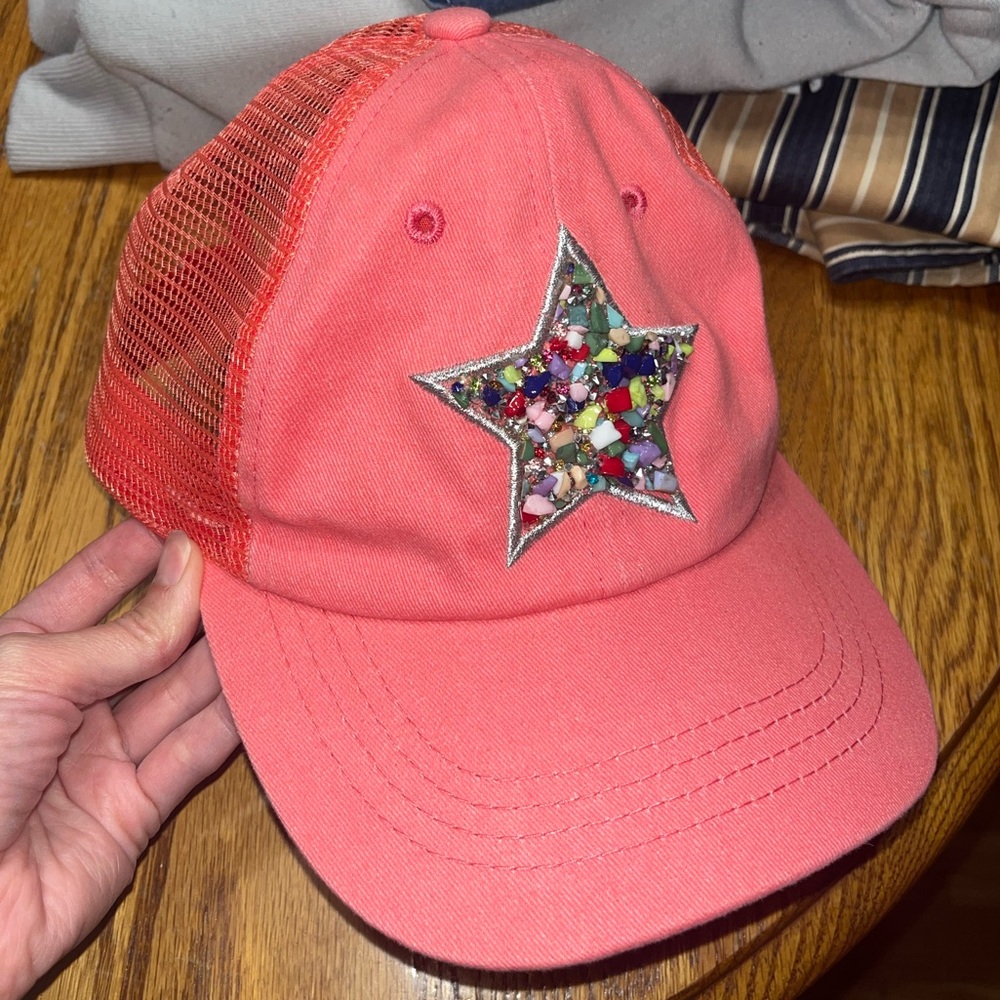 C.c brand pink mesh back adjustable baseball cap with star design on front